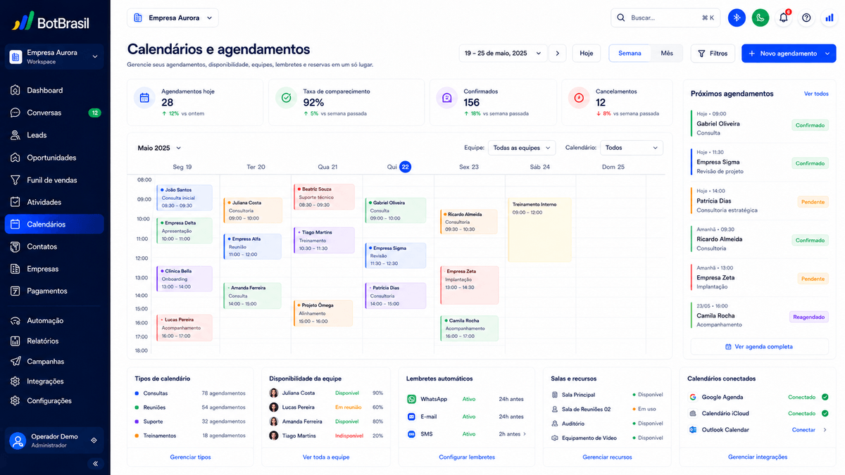 Calendário de agendamento online da BotBrasil com horários disponíveis e confirmação automática — BotBrasil para hotéis