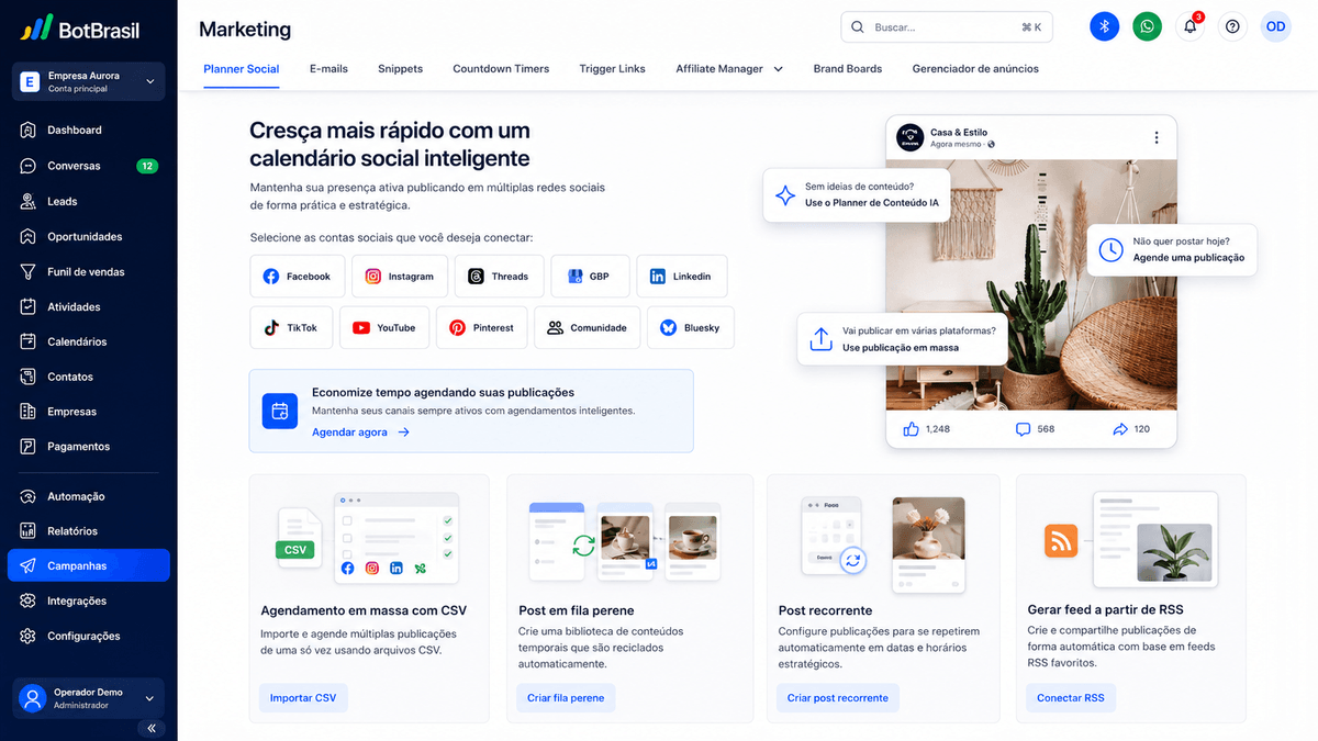 Painel de marketing da BotBrasil com gestão de redes sociais, campanhas e relatórios de conversão — BotBrasil para hotéis
